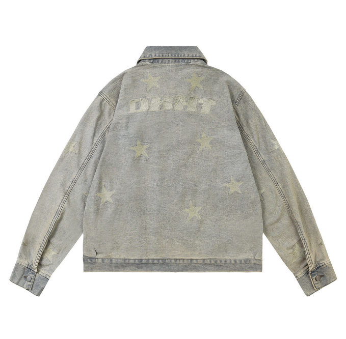 Washed and worn jeans jacket men fashion brand ins fried street pentagram embroidery work clothes zipper lapel jacket fashion
