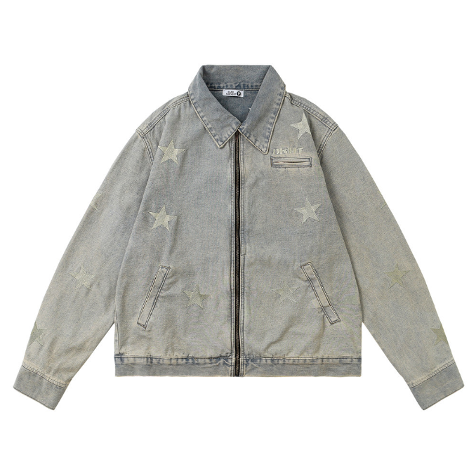 Washed and worn jeans jacket men fashion brand ins fried street pentagram embroidery work clothes zipper lapel jacket fashion