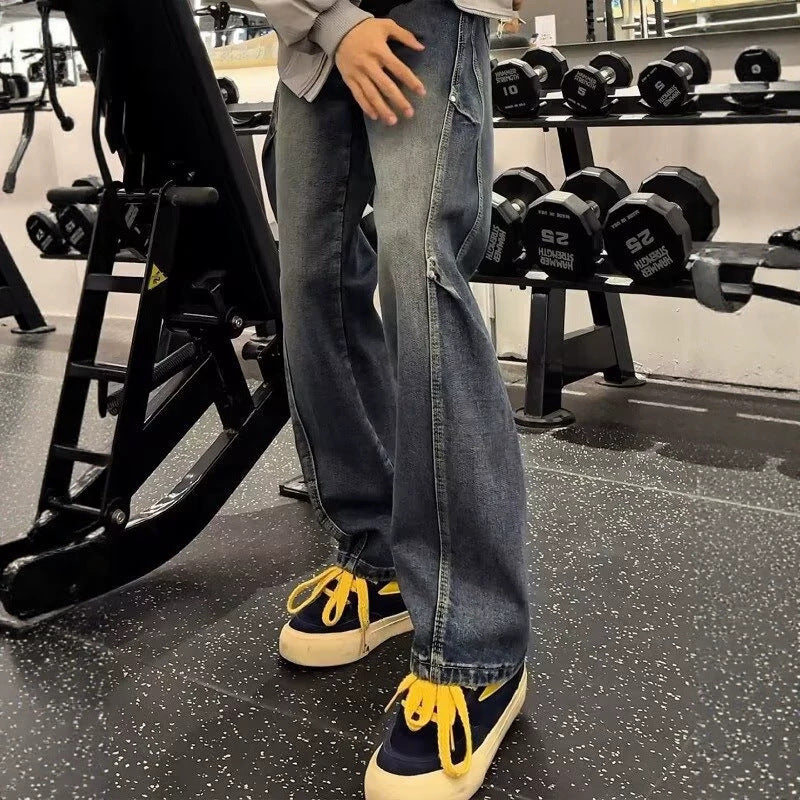 Street Style Asymmetrical Cut Denim Pants for Men