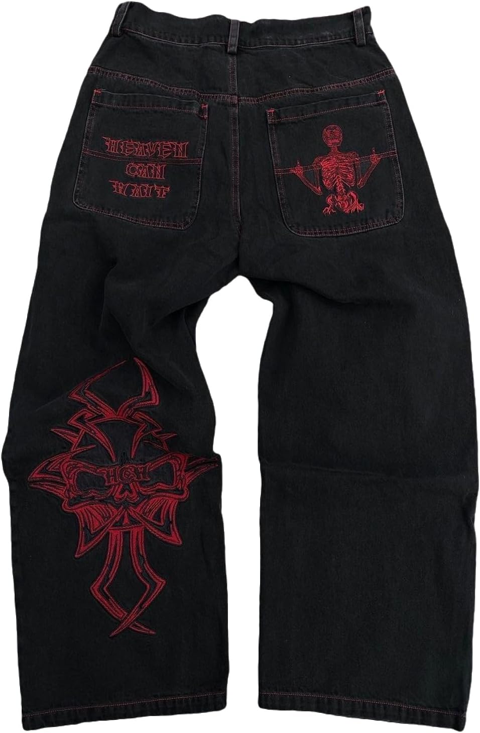 Ethbox Men's Y2K Skull Embroidery Wash Denim Pants Gothic Straight Wide Leg