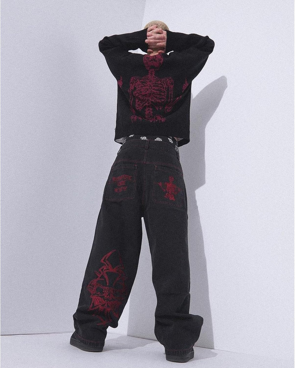 Ethbox Men's Y2K Skull Embroidery Wash Denim Pants Gothic Straight Wide Leg