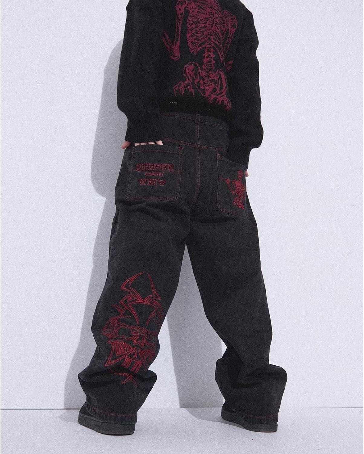 Ethbox Men's Y2K Skull Embroidery Wash Denim Pants Gothic Straight Wide Leg