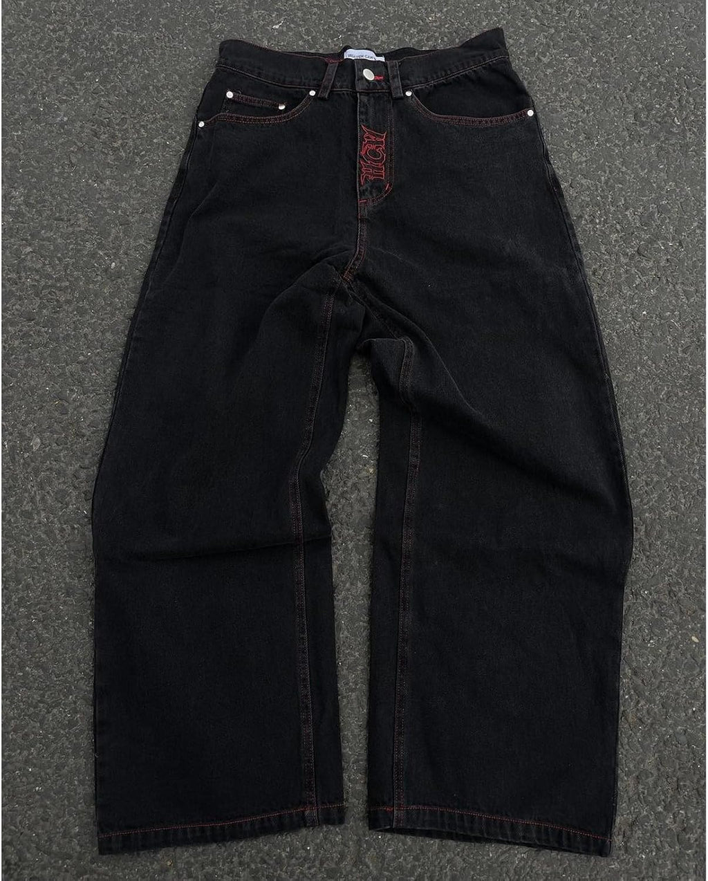 Ethbox Men's Y2K Skull Embroidery Wash Denim Pants Gothic Straight Wide Leg