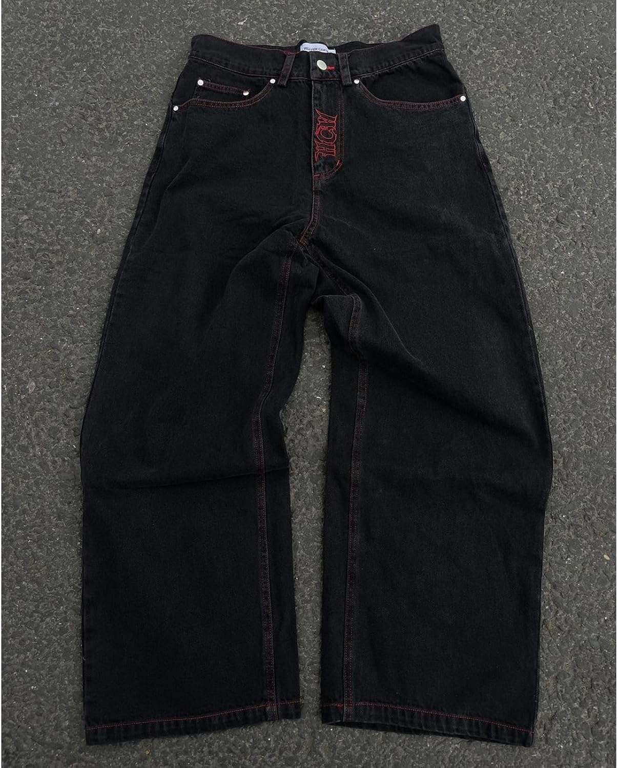 Ethbox Men's Y2K Skull Embroidery Wash Denim Pants Gothic Straight Wide Leg