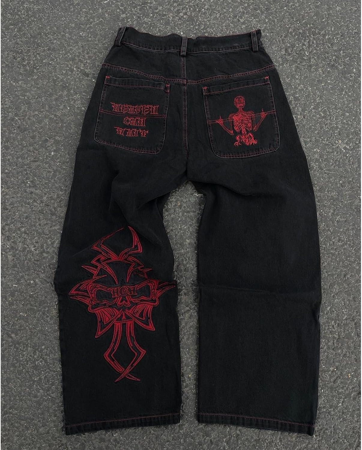 Ethbox Men's Y2K Skull Embroidery Wash Denim Pants Gothic Straight Wide Leg