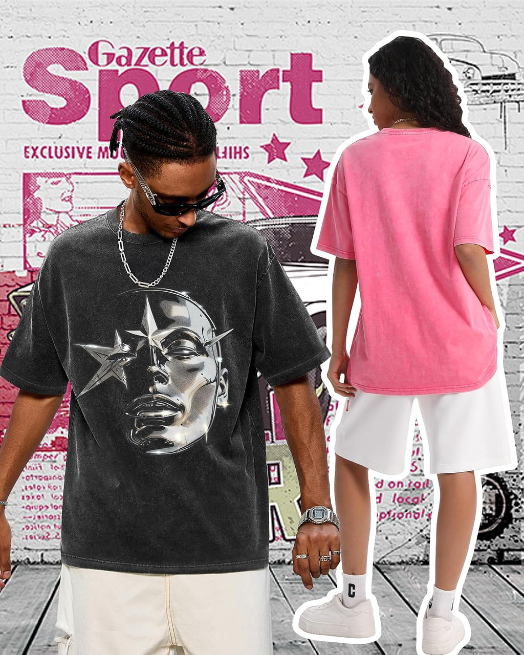 AugYew Men's Oversized Graphic T-Shirt Cotton Vintage Streetwear Tee