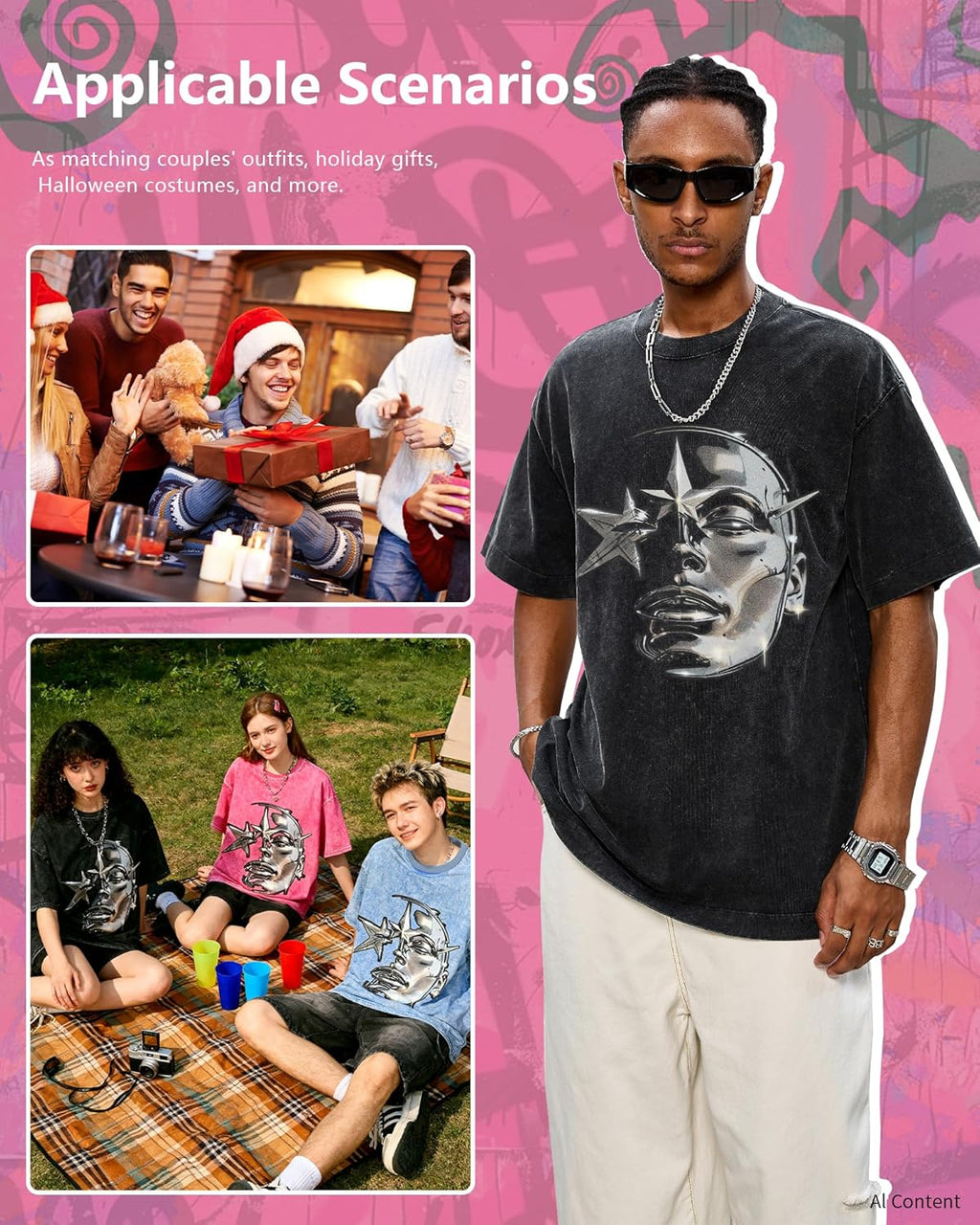 AugYew Men's Oversized Graphic T-Shirt Cotton Vintage Streetwear Tee