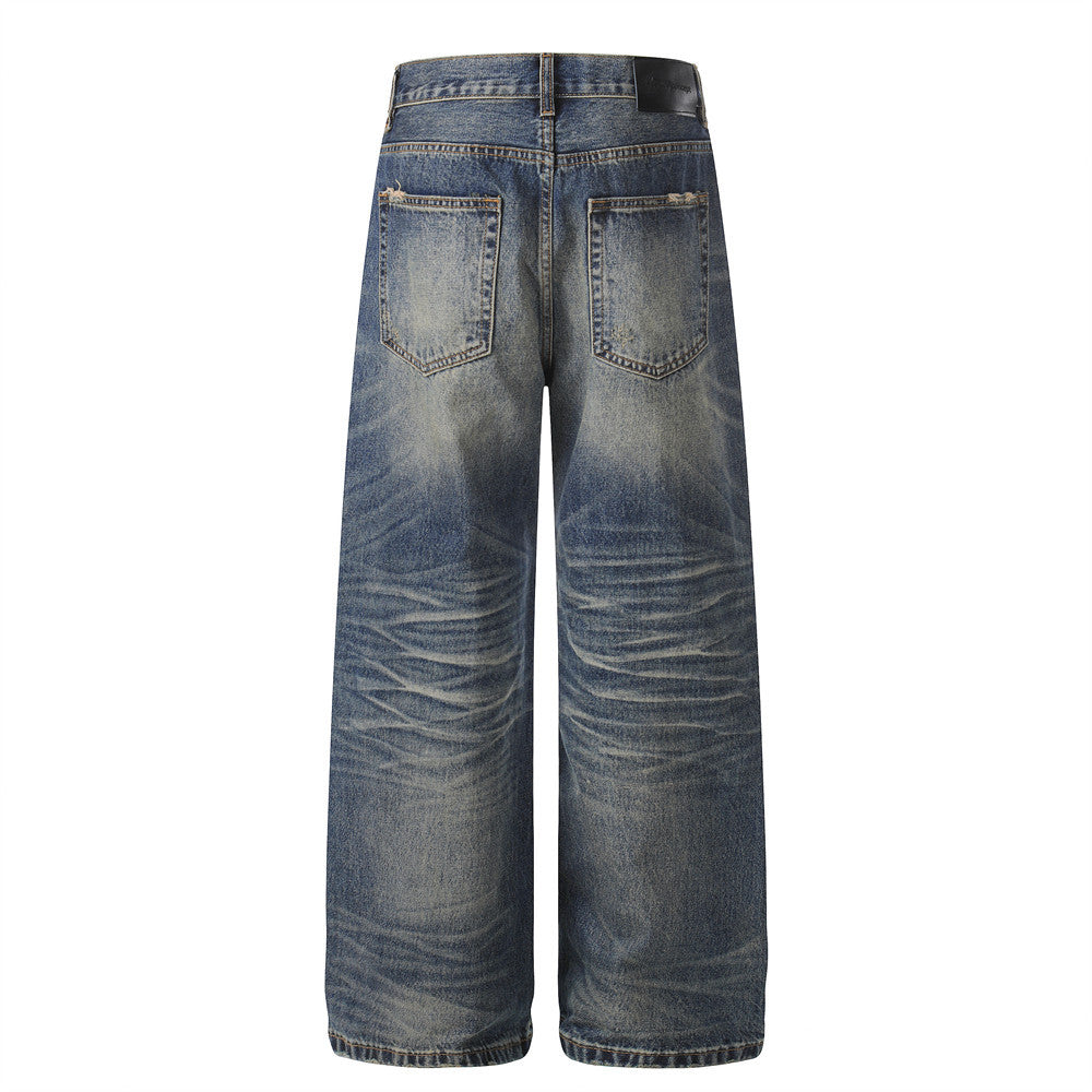 Wear and tear denim wide leg pants for men
