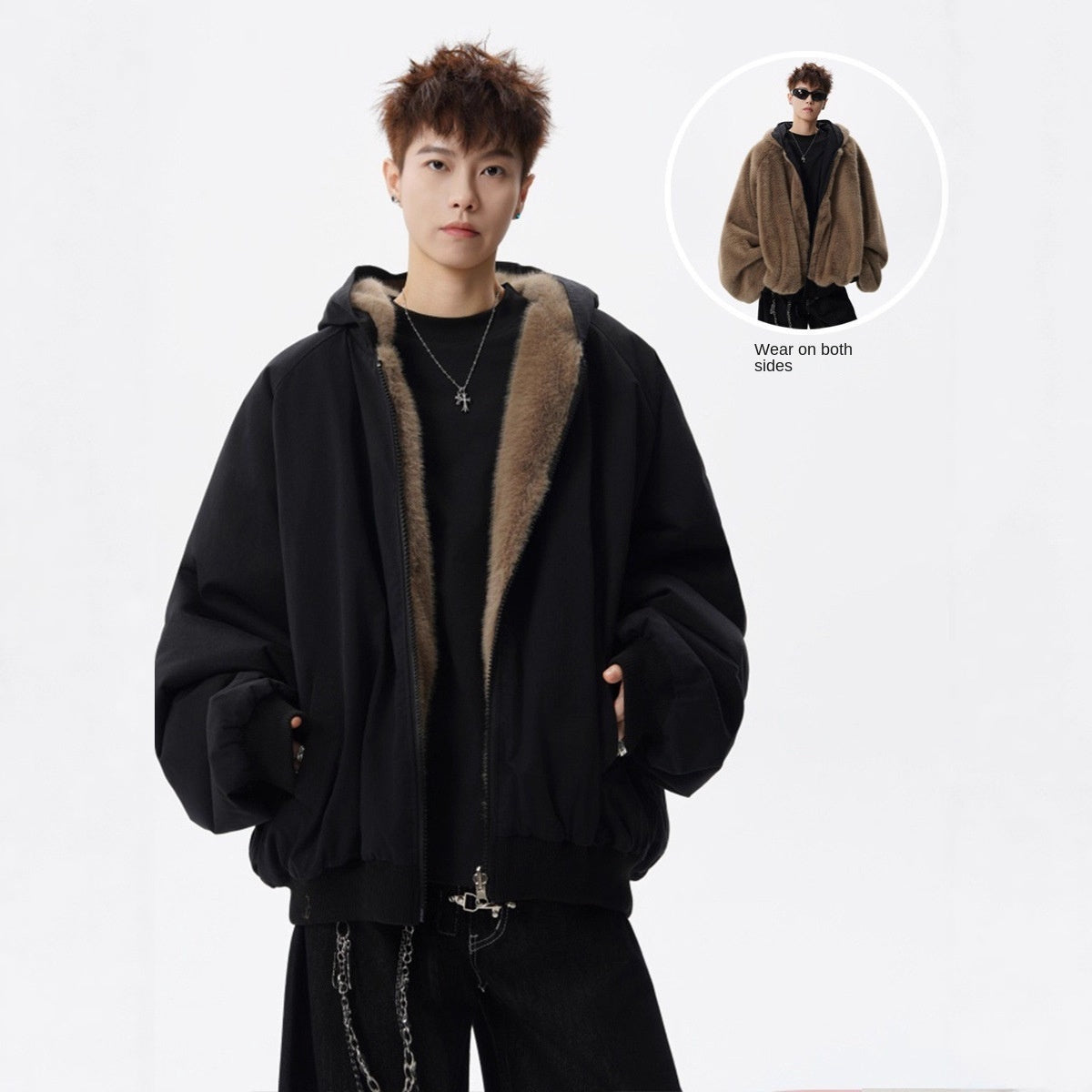 Fashion Style  Streetwear Two-Way Wear Mountain Hawk Cotton Coat Men Winter Heavyweight Retro Warm Hooded Outerwear High Street Cool Loose Cotton Jacket