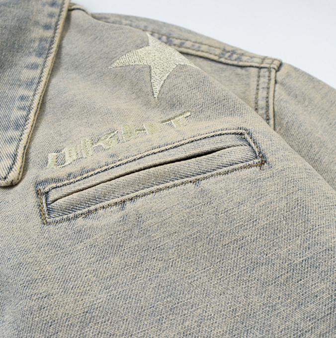 Washed and worn jeans jacket men fashion brand ins fried street pentagram embroidery work clothes zipper lapel jacket fashion