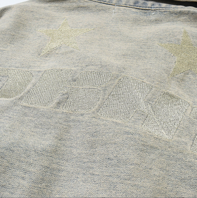 Washed and worn jeans jacket men fashion brand ins fried street pentagram embroidery work clothes zipper lapel jacket fashion